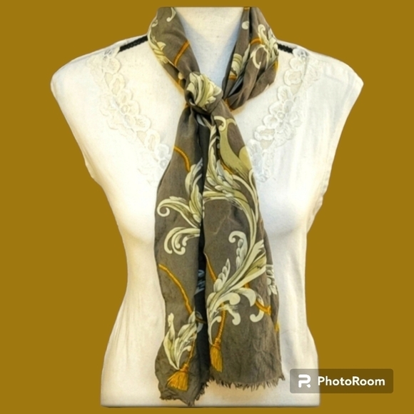 VTG CASCA Romantic Sage Baroque Floral Rope Silk Scarf - Picture 1 of 5